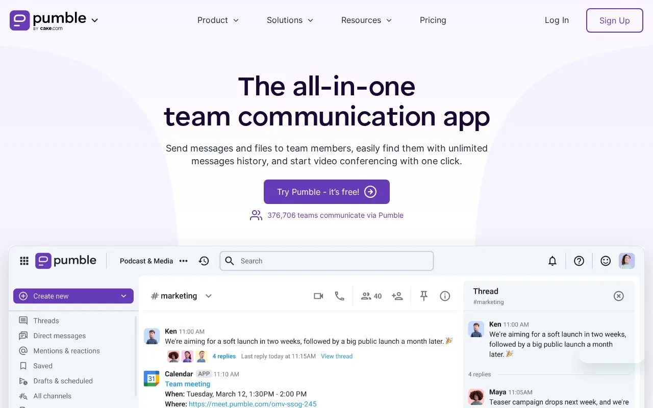 Screenshot of the Pumble homepage