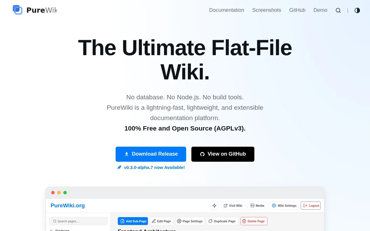 Screenshot of the PureWiki homepage