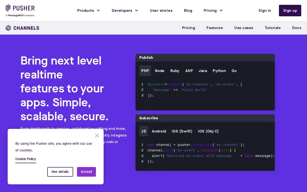 Screenshot of the Pusher Channels homepage