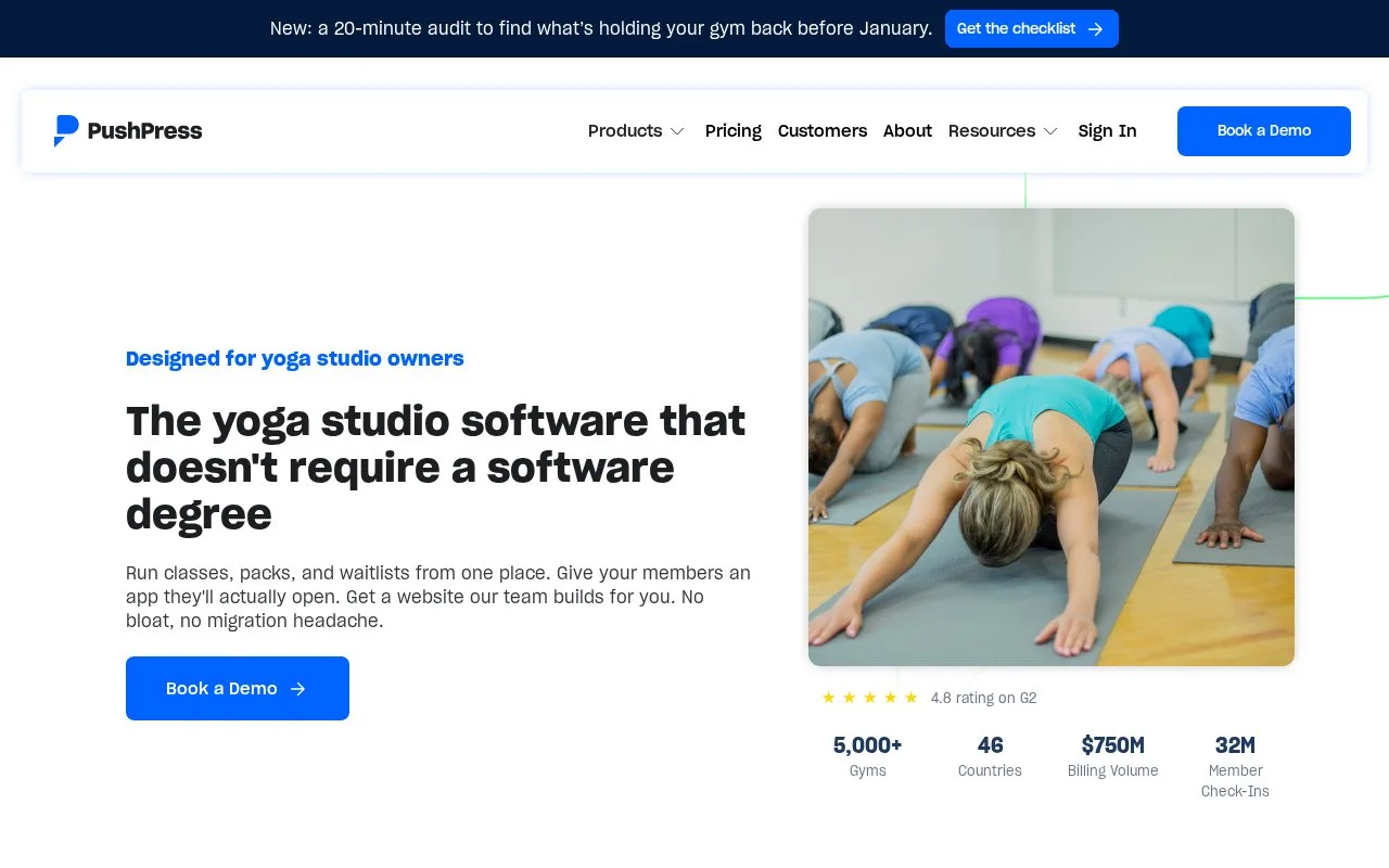 Screenshot of the PushPress homepage