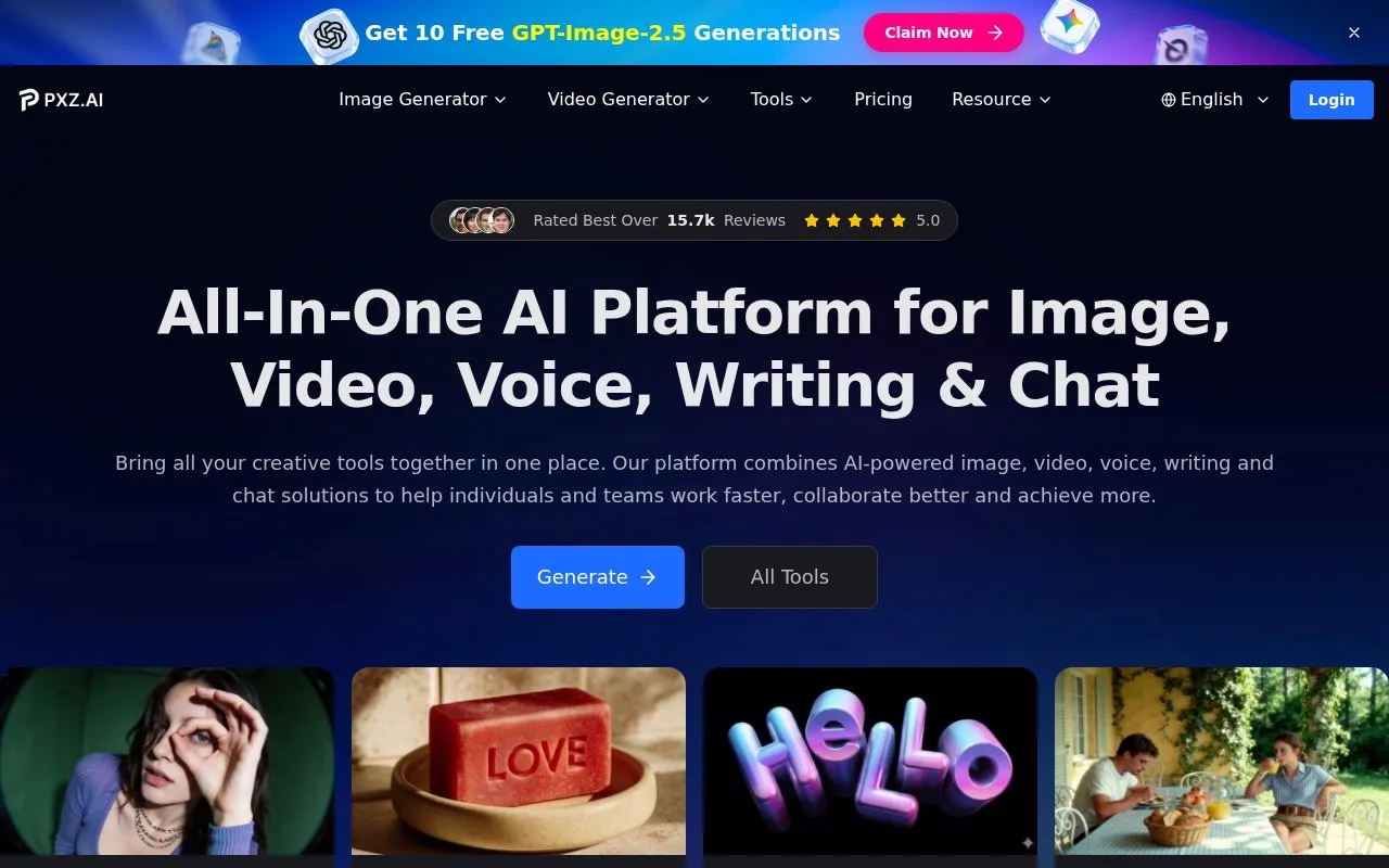Screenshot of the PXZ AI homepage