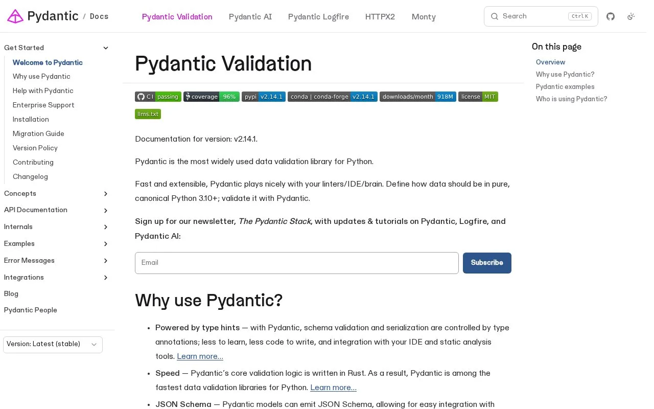 Screenshot of the Pydantic homepage