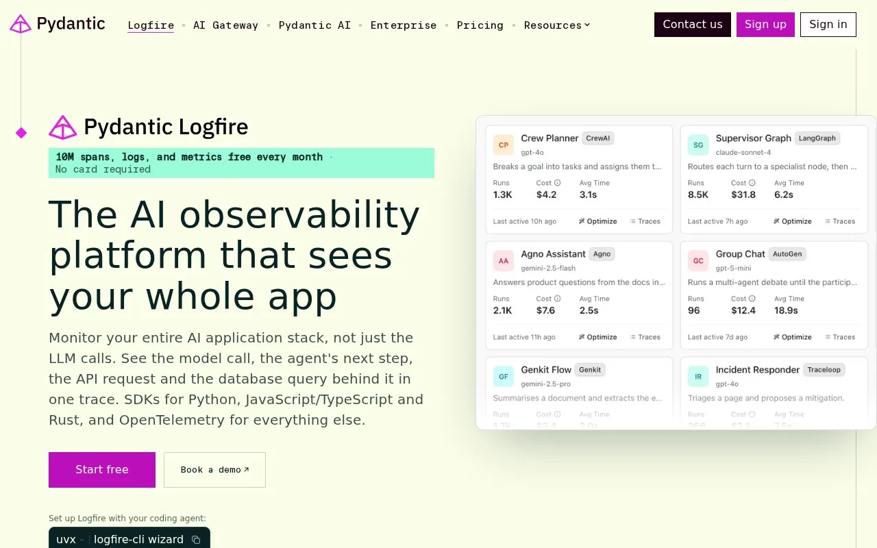 Screenshot of the Pydantic Logfire homepage
