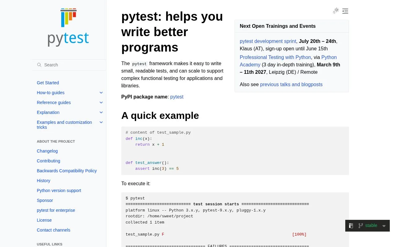 Screenshot of the pytest homepage