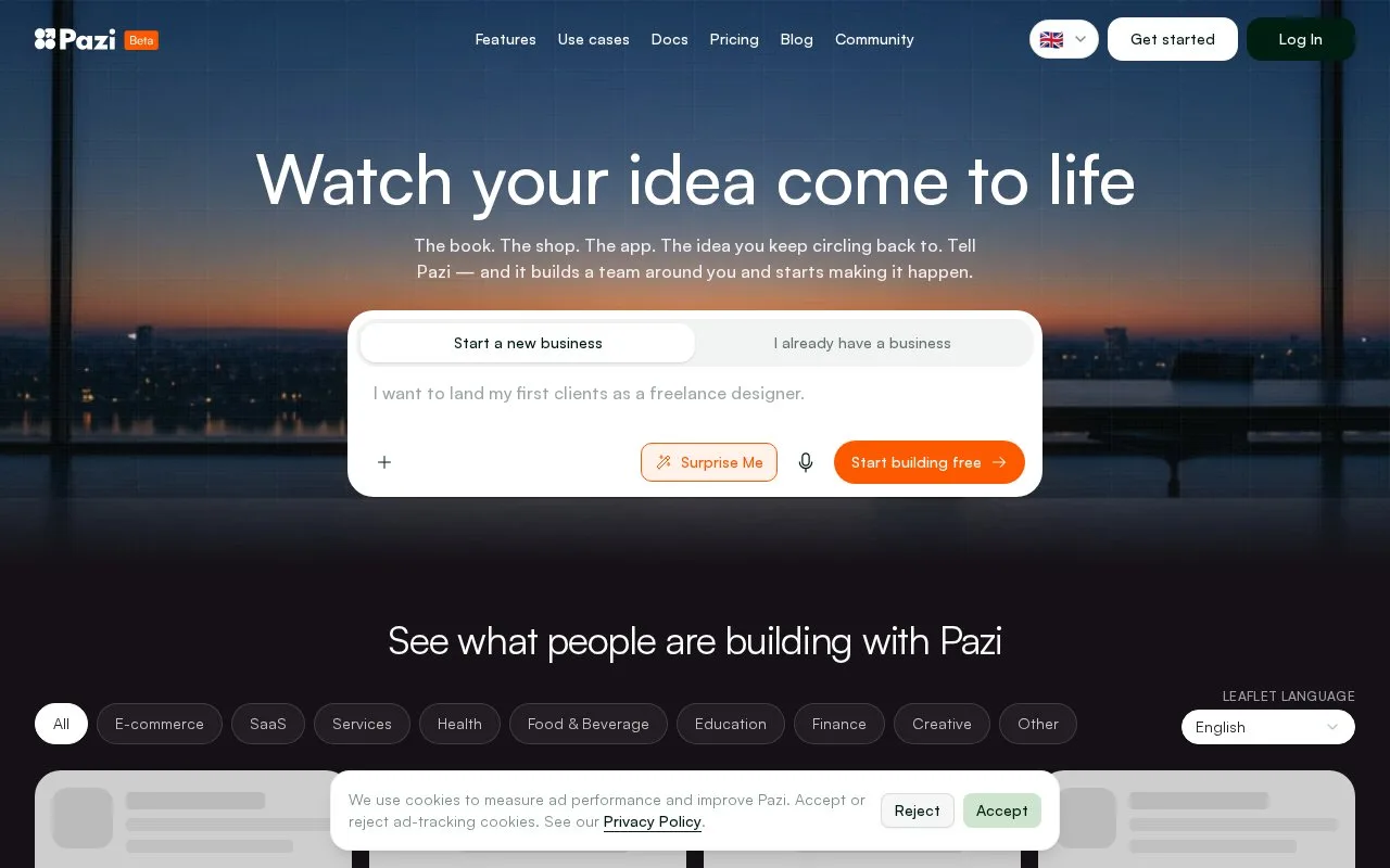 Screenshot of the Pazi homepage