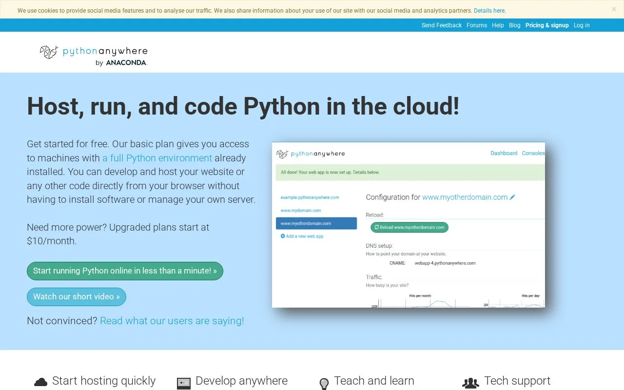 Screenshot of the PythonAnywhere homepage