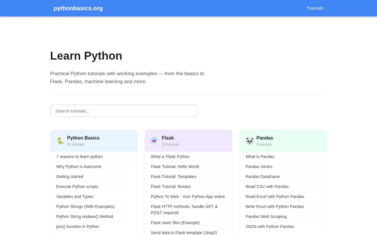 Screenshot of the Python Basics homepage