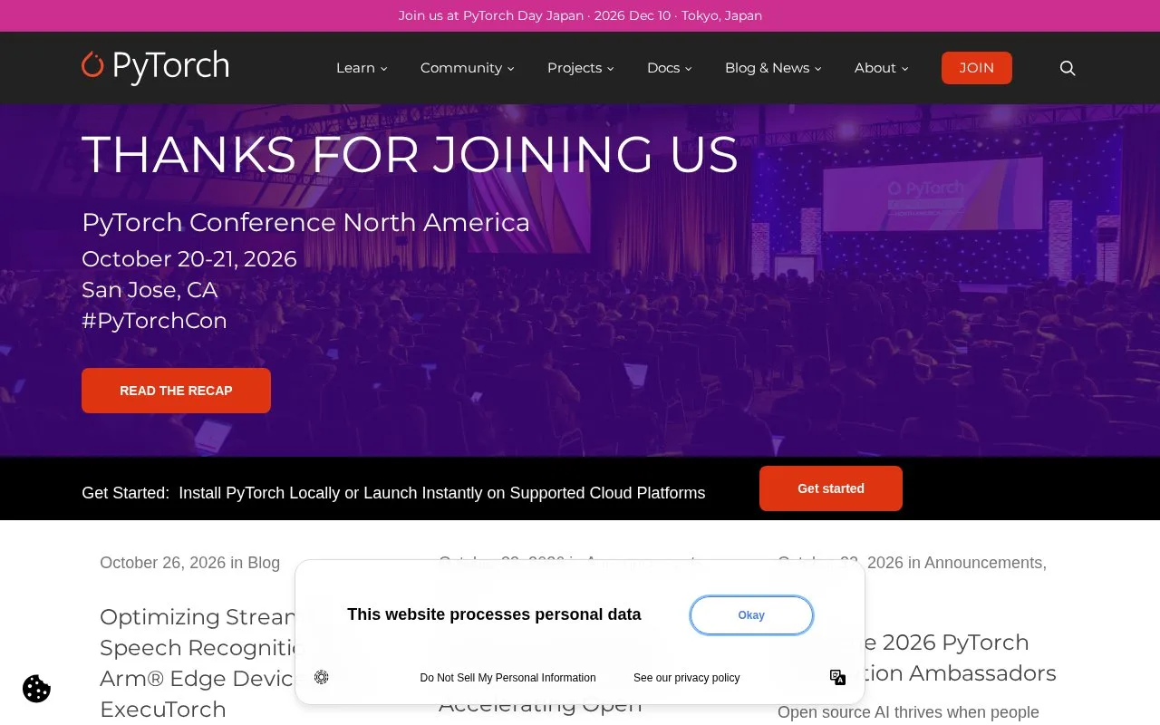 Screenshot of the PyTorch homepage