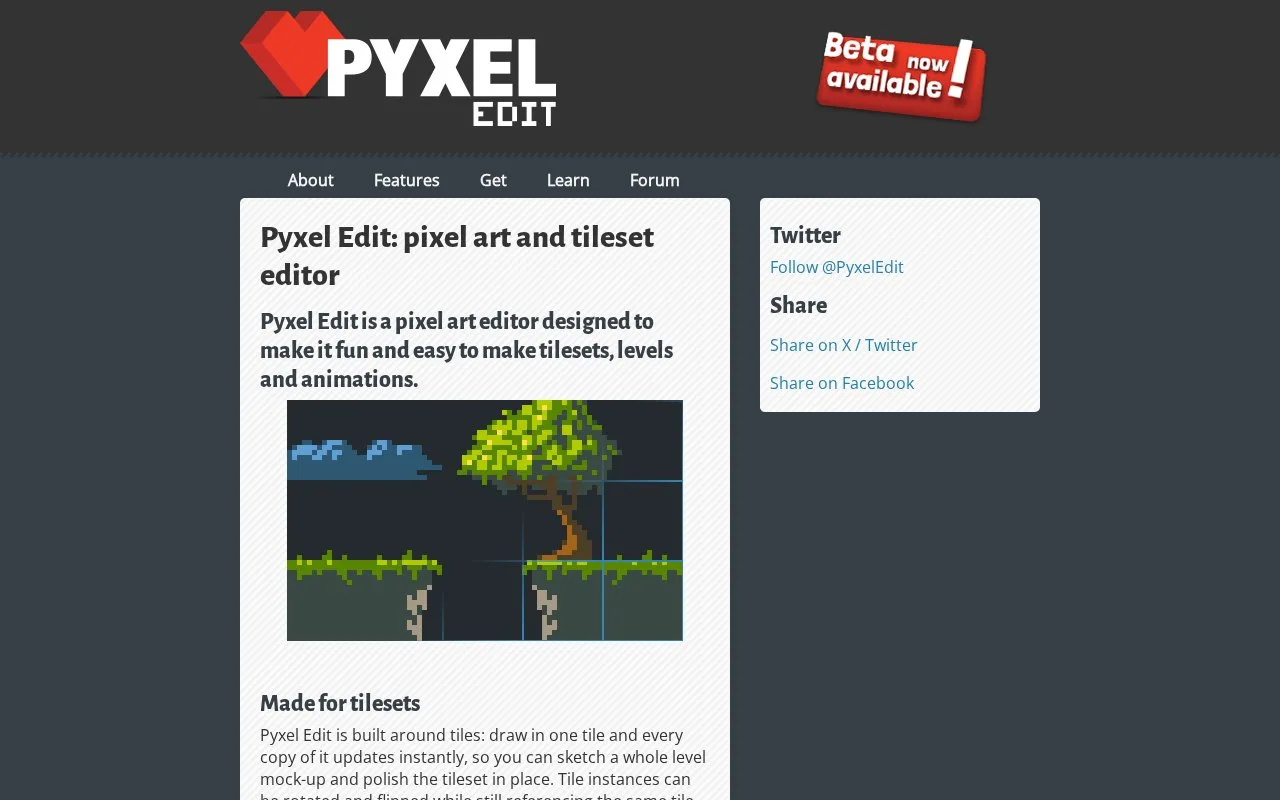 Screenshot of the Pyxel Edit homepage