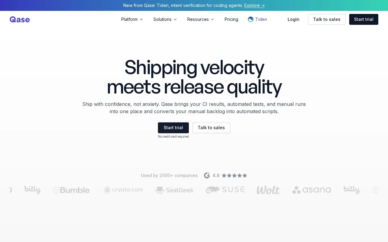 Screenshot of the Qase homepage