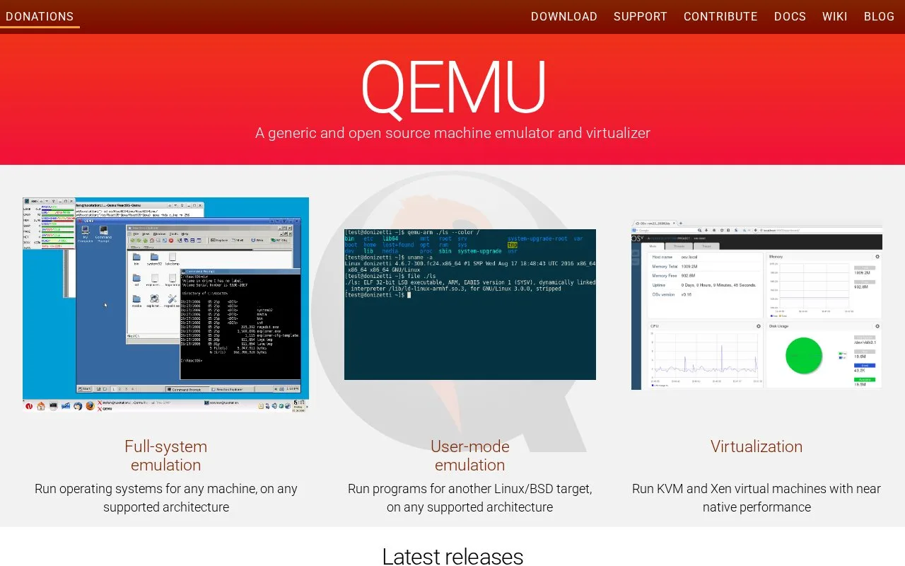 Screenshot of the QEMU homepage
