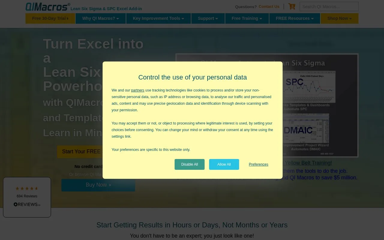 Screenshot of the QI Macros homepage