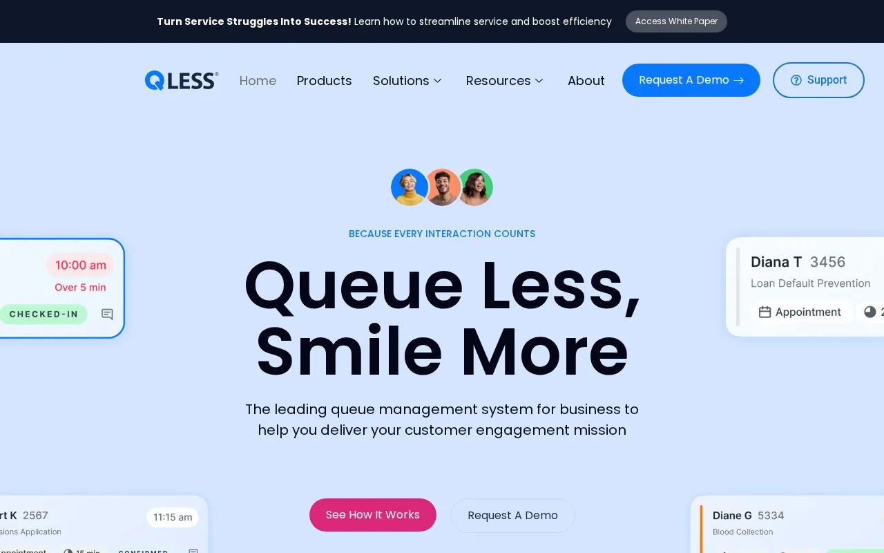 Screenshot of the QLess homepage