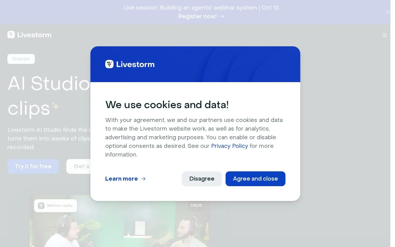 Screenshot of the Livestorm AI Studio homepage