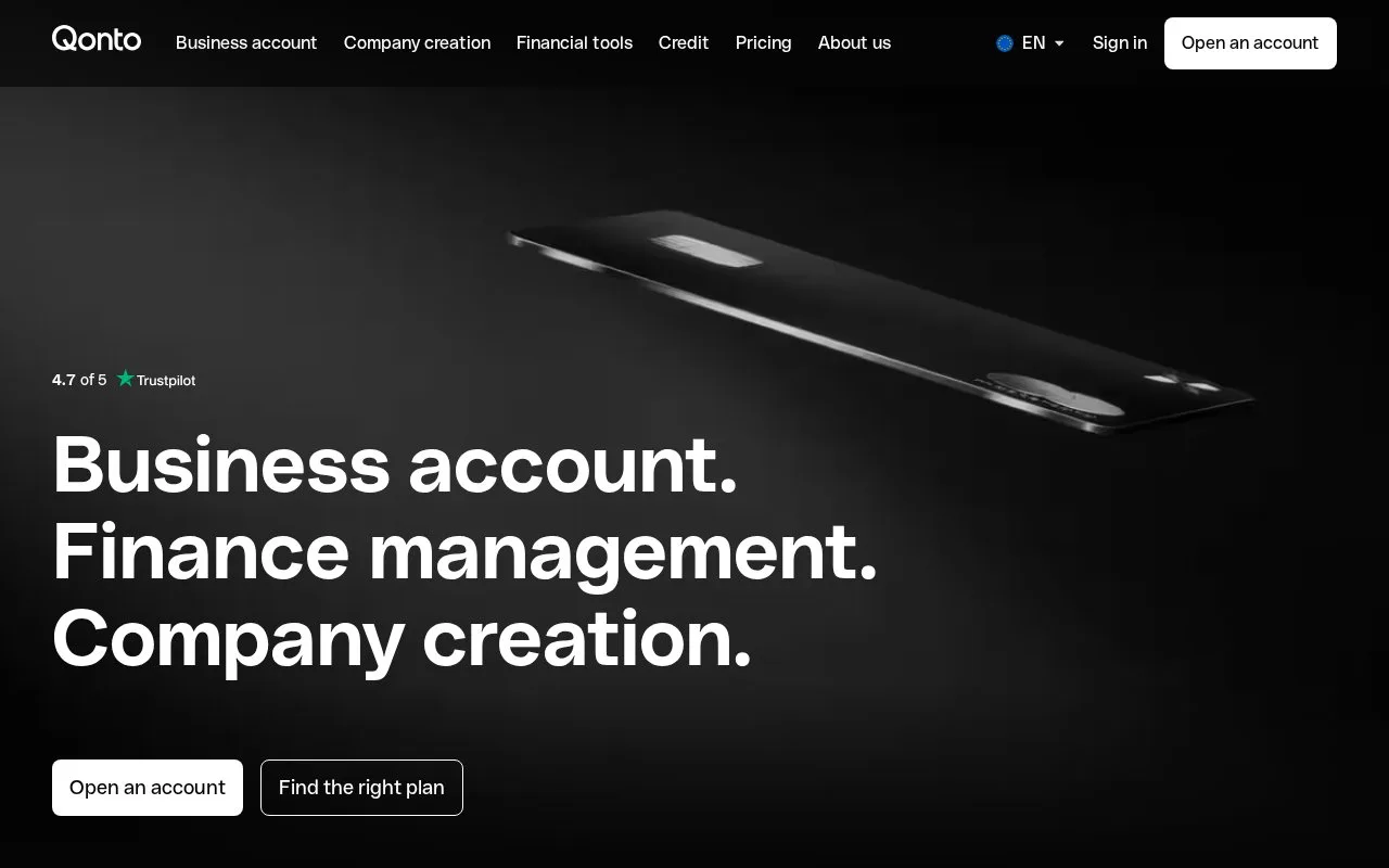 Screenshot of the Qonto homepage