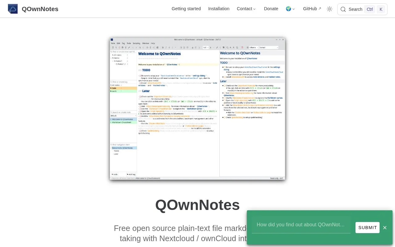 Screenshot of the QOwnNotes homepage