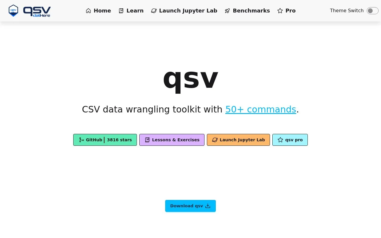 Screenshot of the qsv homepage