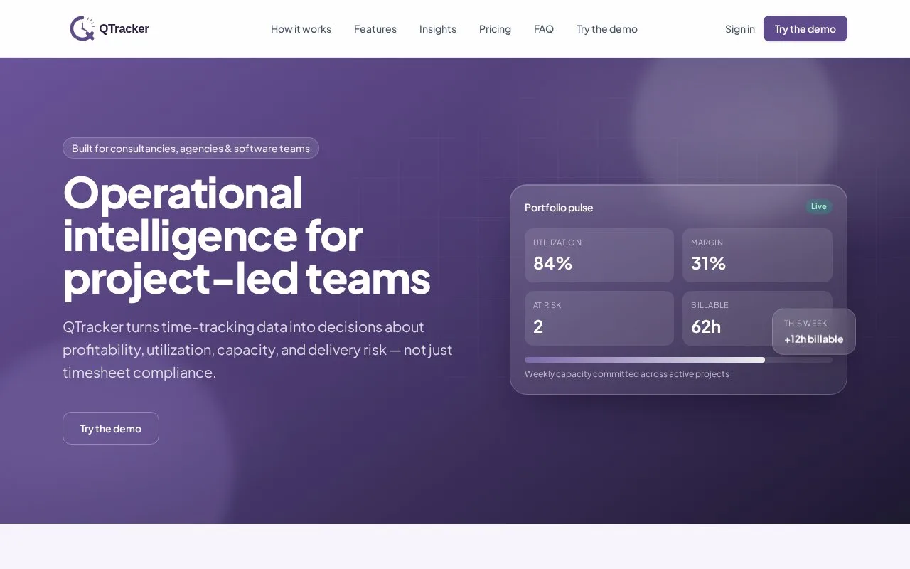 Screenshot of the QTracker homepage