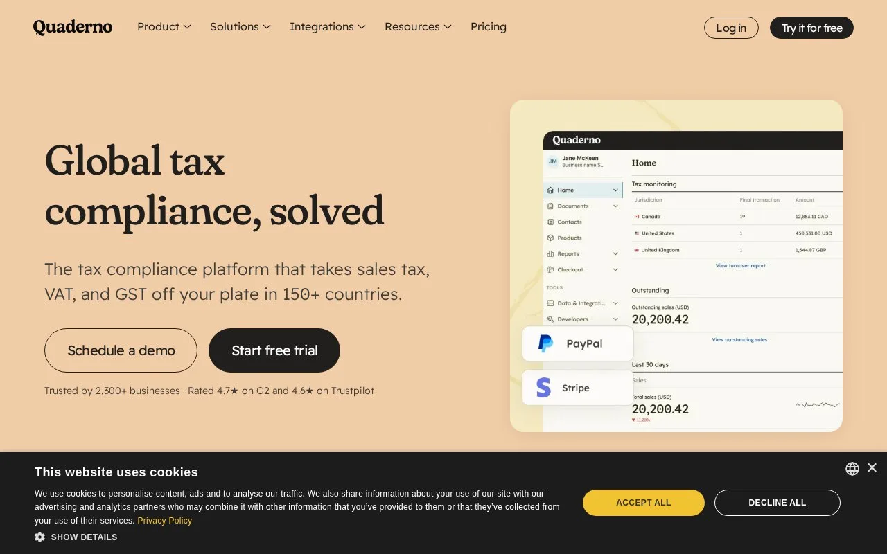 Screenshot of the Quaderno homepage
