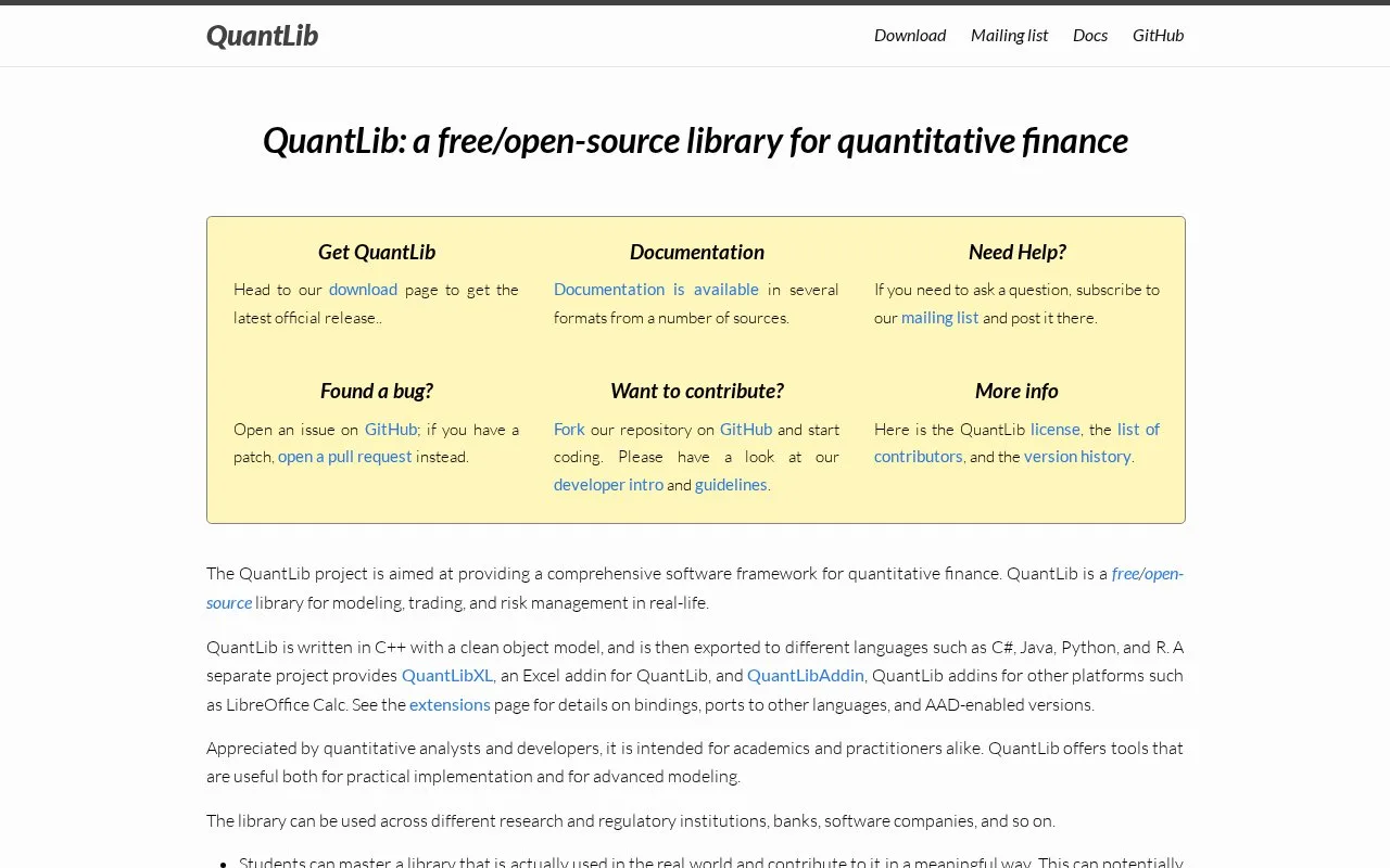 Screenshot of the QuantLib homepage