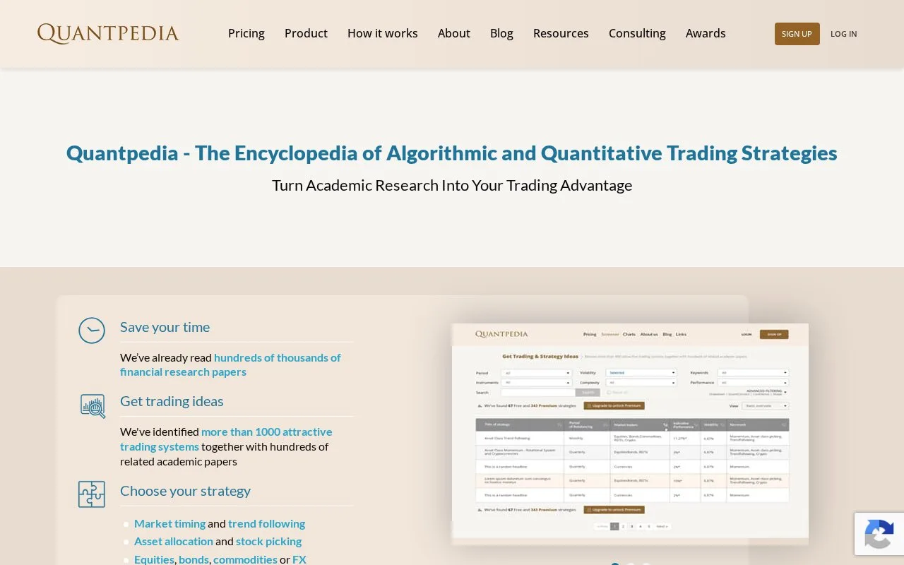 Screenshot of the Quantpedia homepage