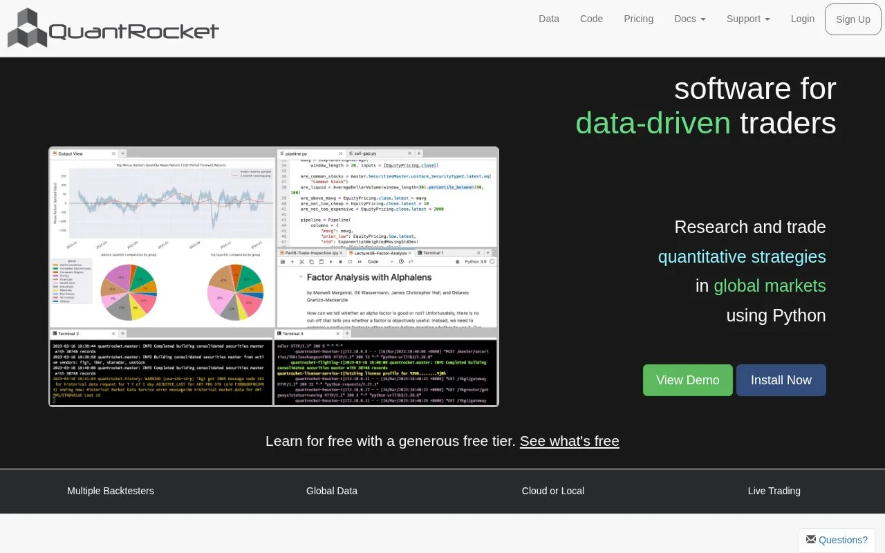 Screenshot of the QuantRocket homepage