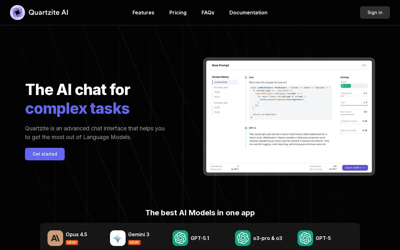Screenshot of the Quartzite homepage