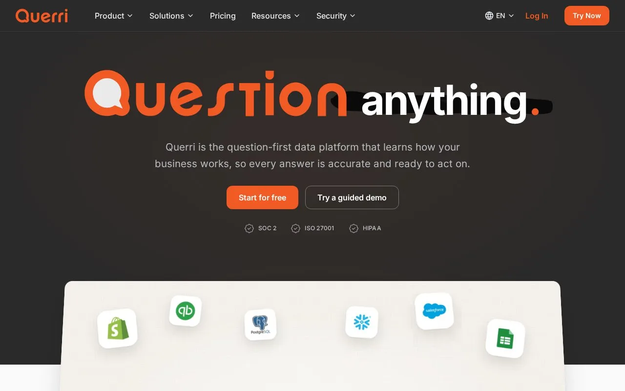 Screenshot of the Querri homepage