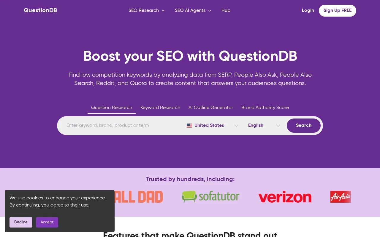 Screenshot of the QuestionDB homepage