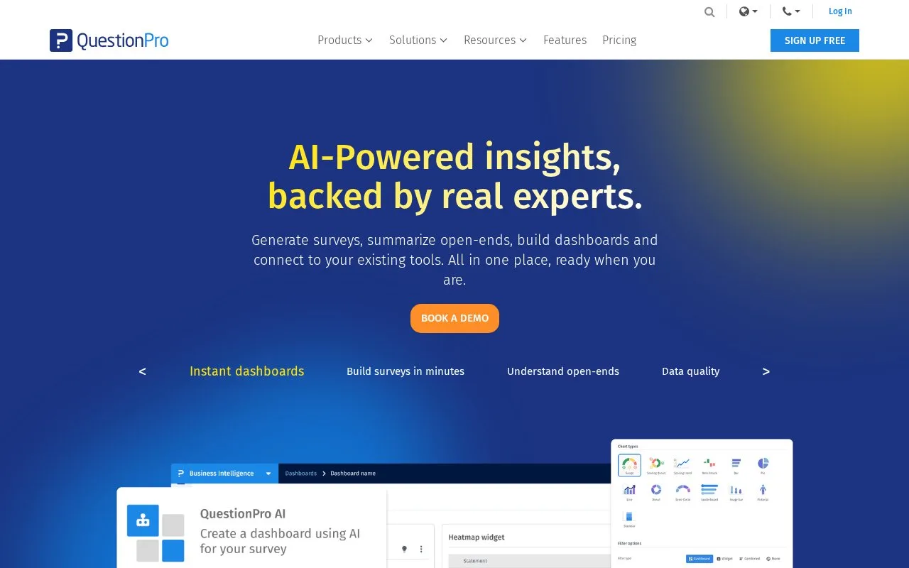 Screenshot of the QuestionPro homepage