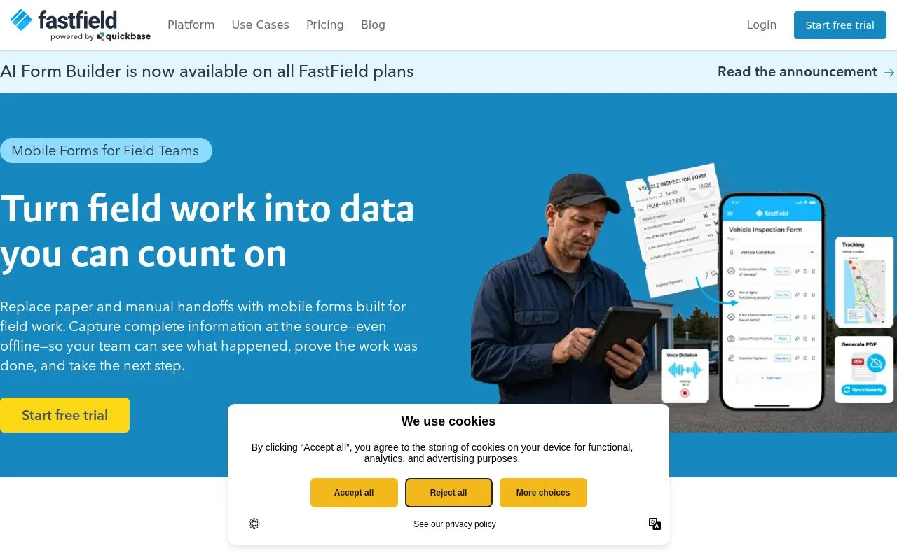 Screenshot of the FastField homepage