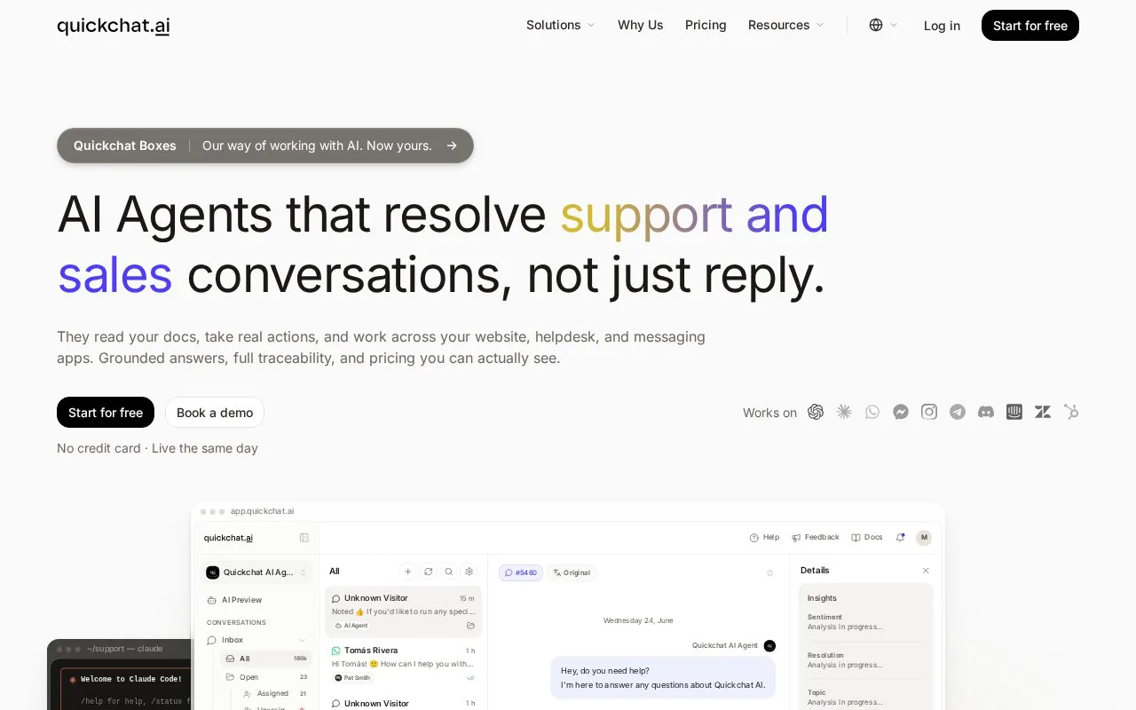 Screenshot of the Quickchat AI homepage