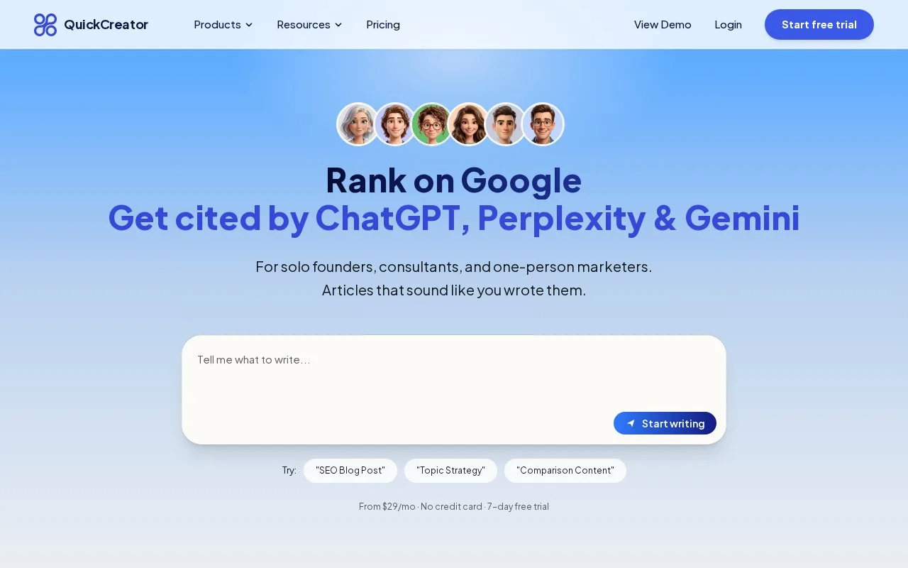 Screenshot of the QuickCreator homepage