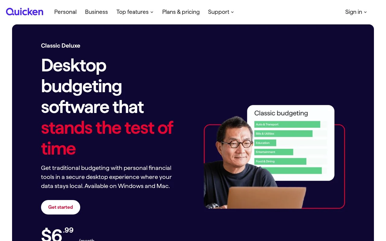 Screenshot of the Quicken Classic homepage