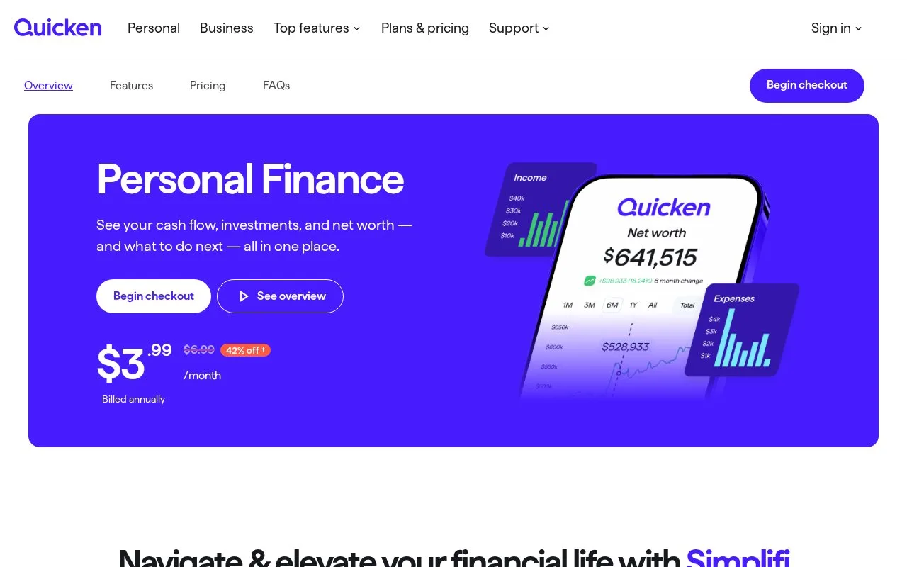 Screenshot of the Quicken Simplifi homepage
