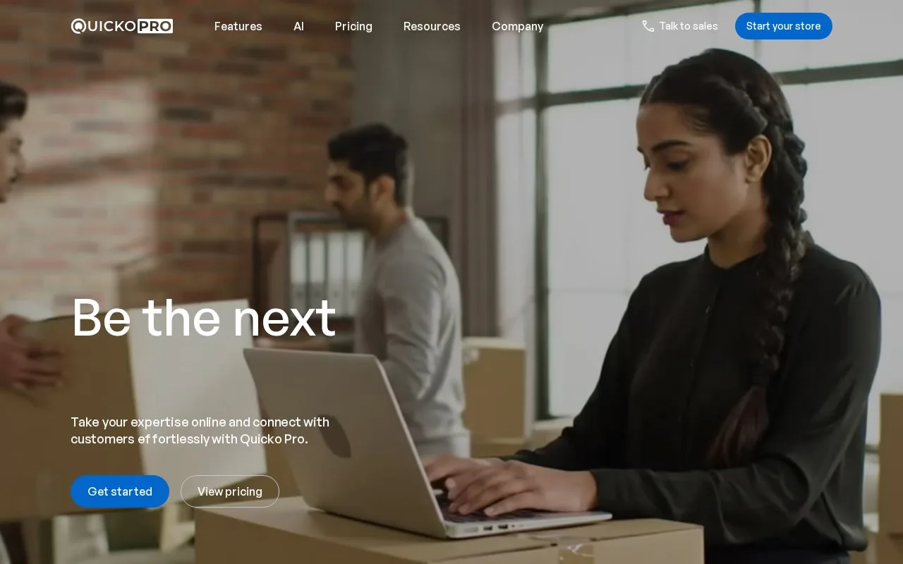 Screenshot of the Quicko Pro homepage