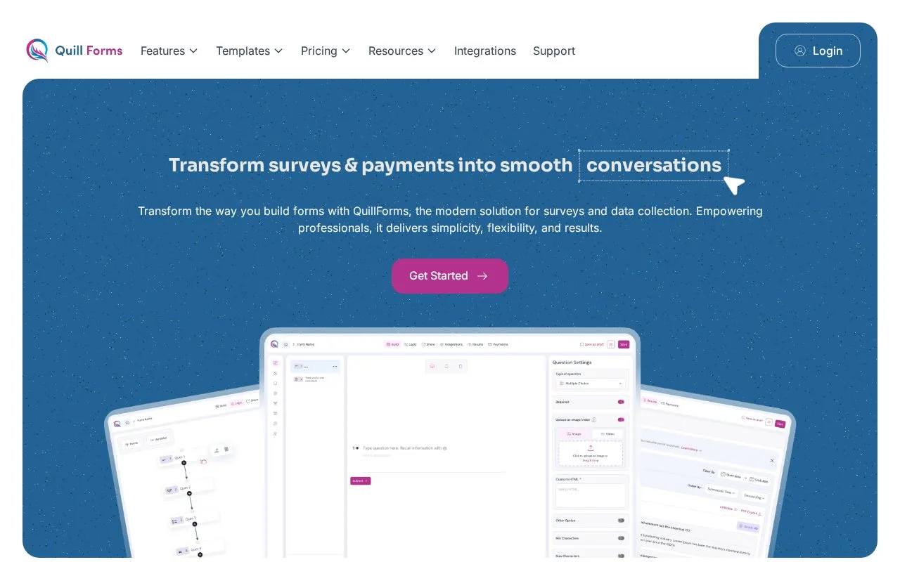 Screenshot of the Quill Forms homepage