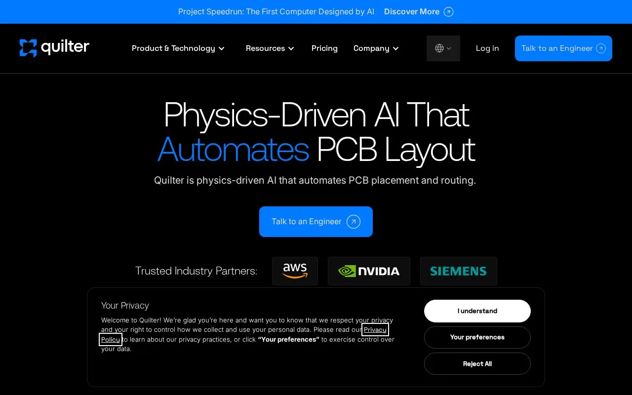 Screenshot of the Quilter homepage