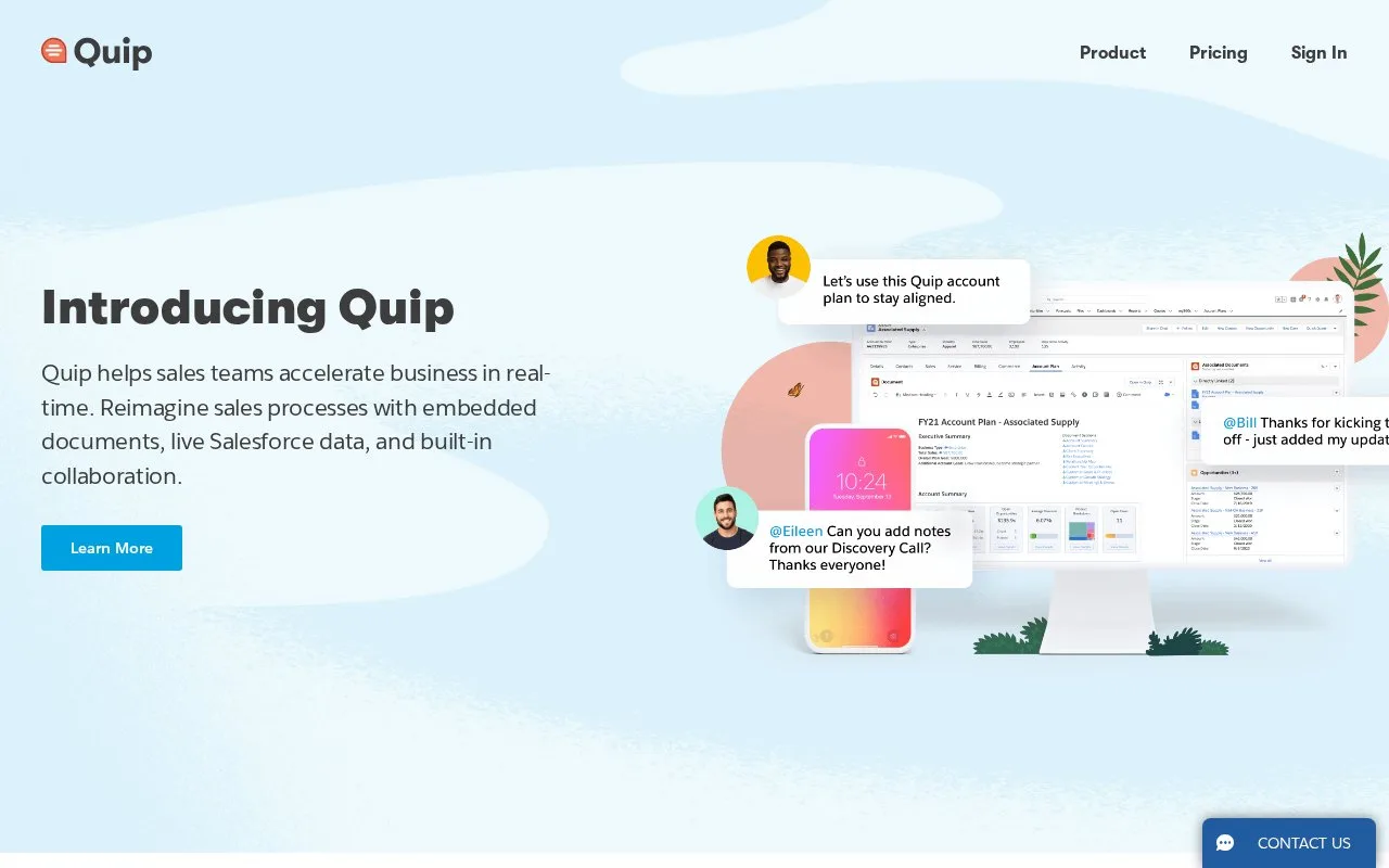 Screenshot of the Quip homepage