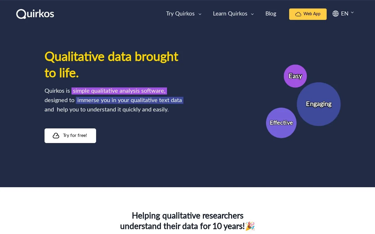 Screenshot of the Quirkos homepage