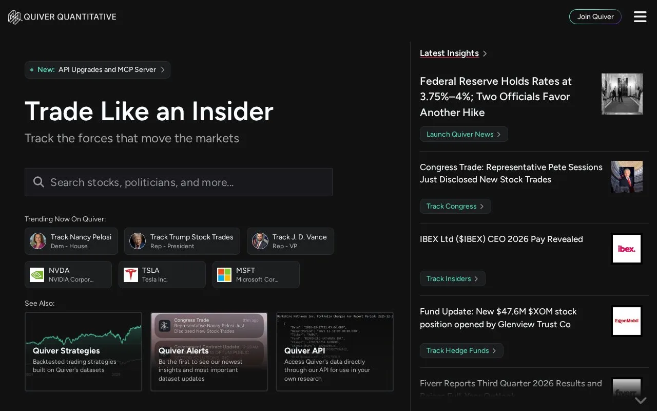Screenshot of the Quiver Quantitative homepage