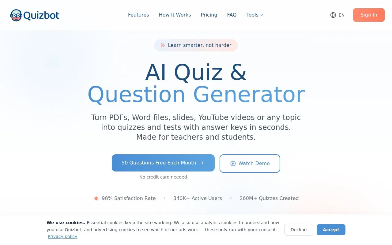 Screenshot of the Quizbot homepage