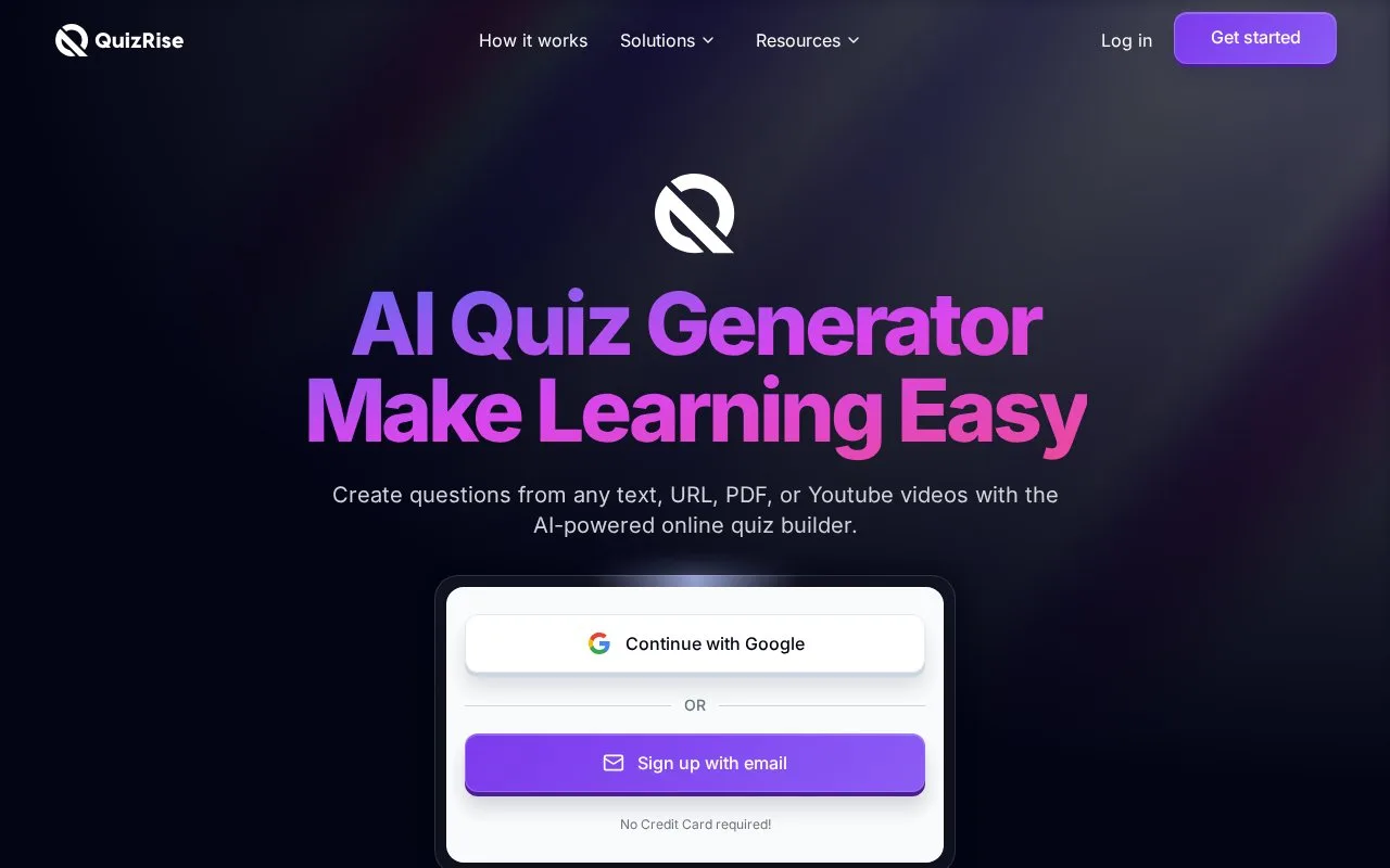 Screenshot of the QuizRise homepage