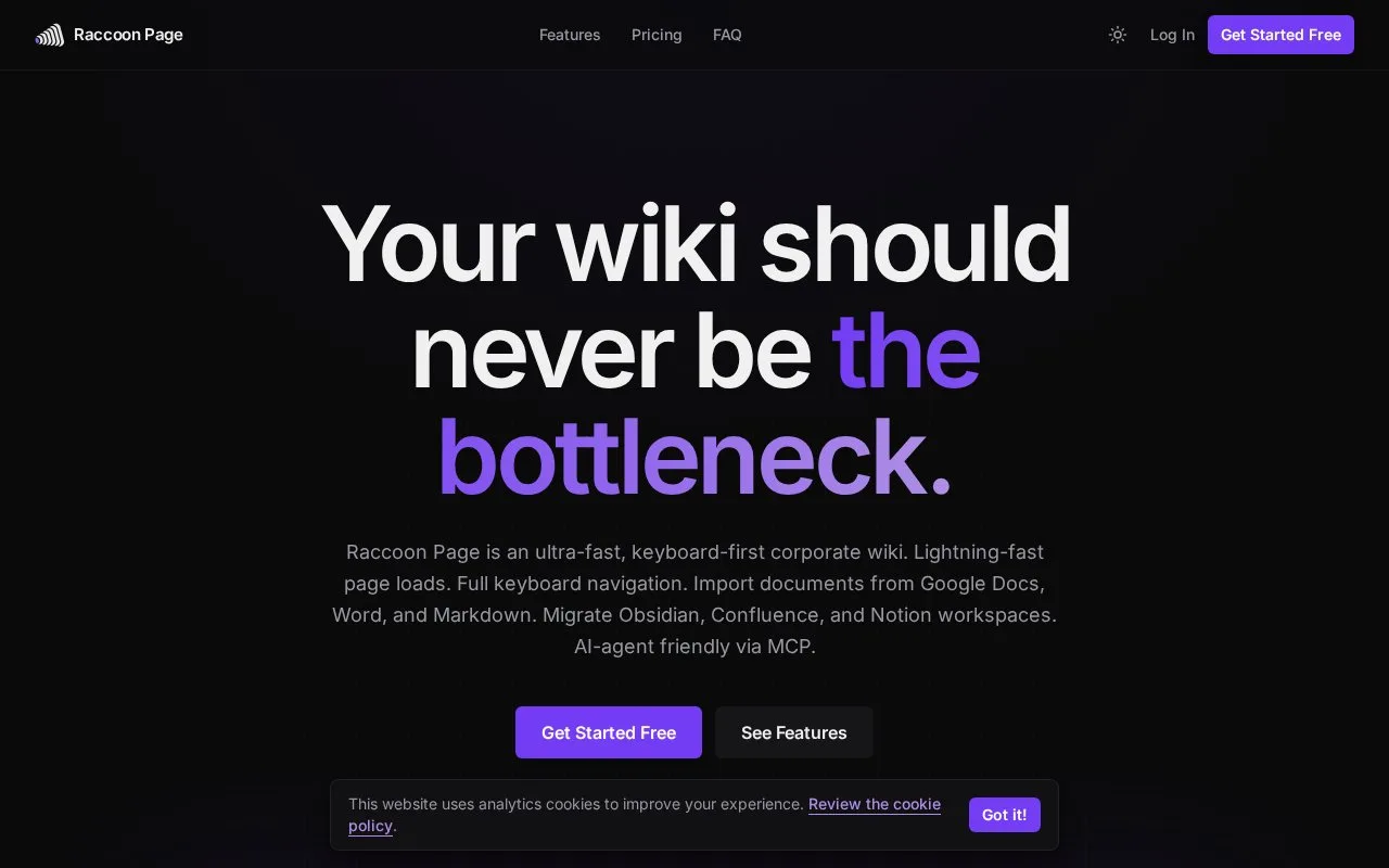 Screenshot of the Raccoon Page homepage