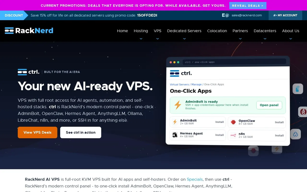 Screenshot of the RackNerd AI VPS homepage