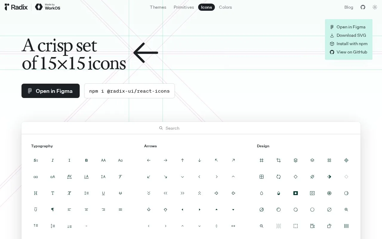 Screenshot of the Radix Icons homepage