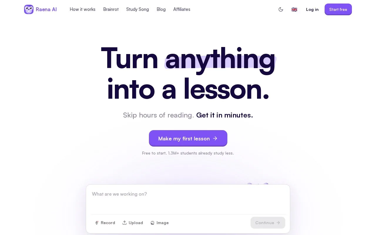 Screenshot of the Raena AI homepage