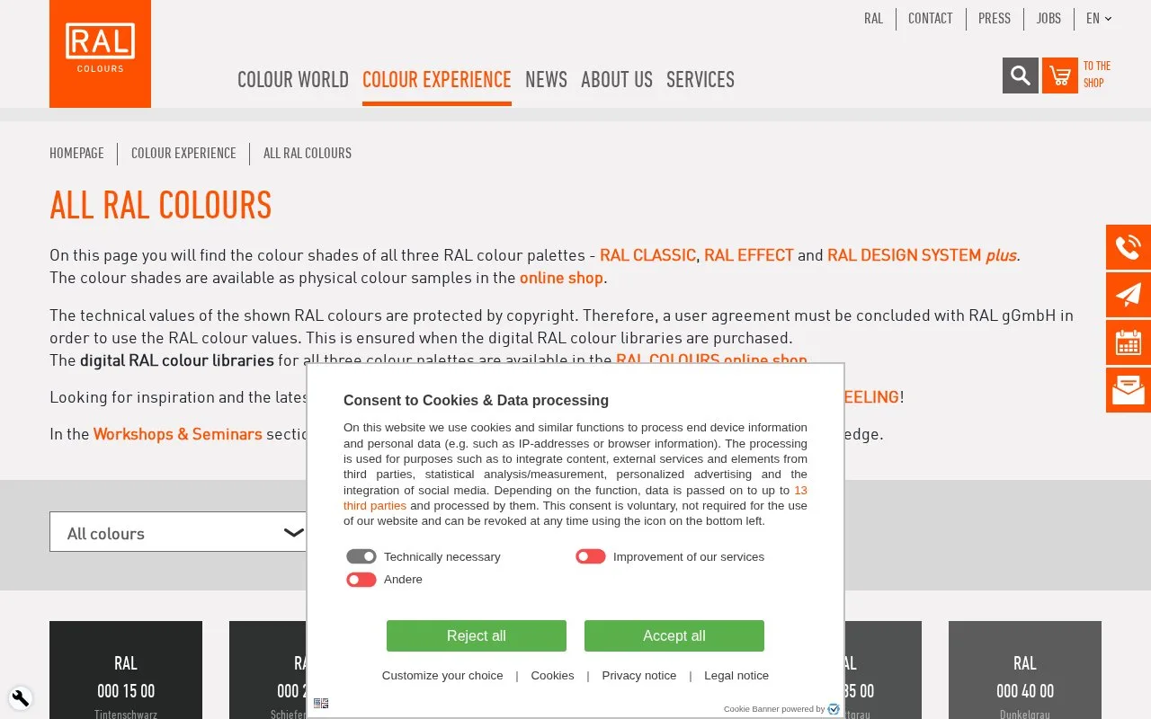 Screenshot of the RAL Colours homepage