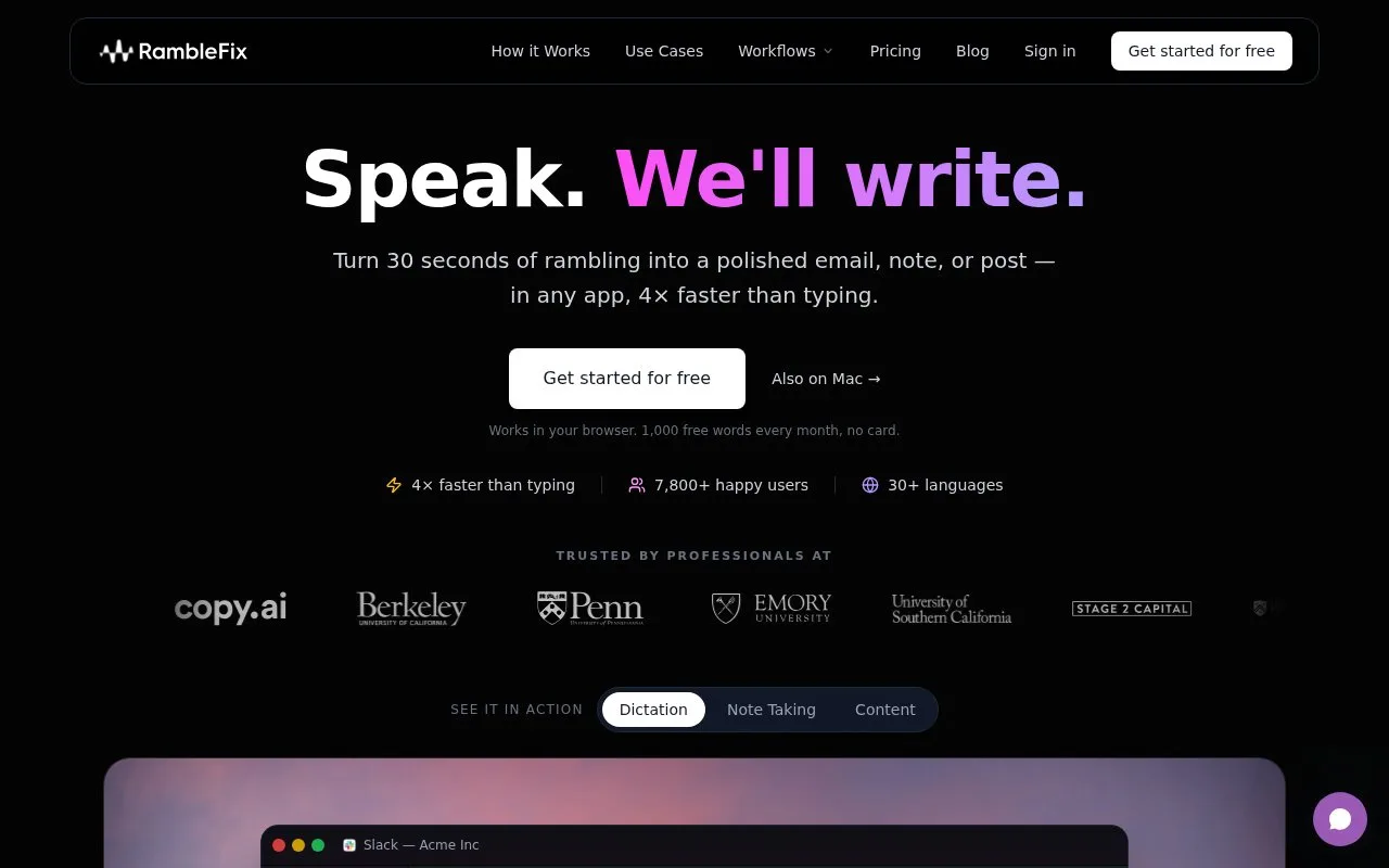 Screenshot of the RambleFix homepage