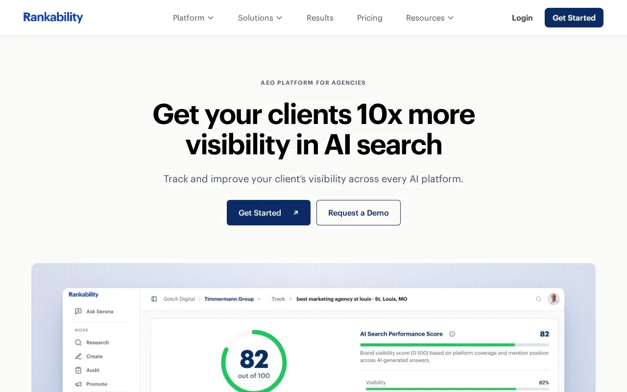 Screenshot of the Rankability homepage